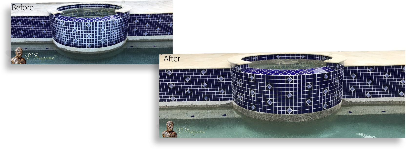 Efflorescence removal tile Minerals stone pool Before After